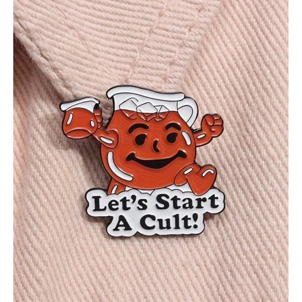 Let's Start A Cult Red Pitcher Mascot Enamel Pin Funny Retro Pop Culture Meme